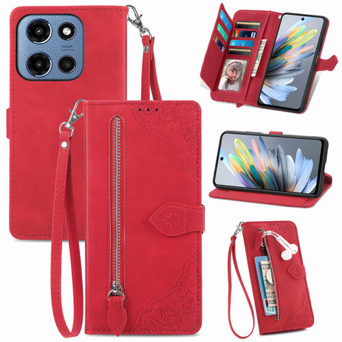 Moto G 2025 Embossed Flower Zipper Leather Phone Case - Red